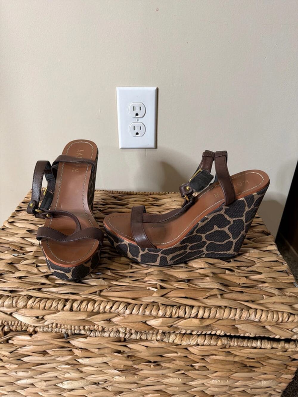 Ralph Ralph, Lauren, dark brown, giraffe, print, tea, strap, wedge 8 695